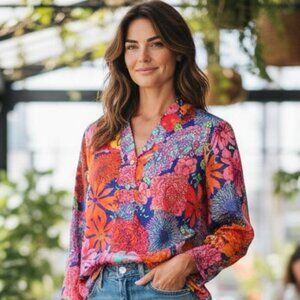 NATORI Womens Polyester Satin Top Colorful Floral Print Kimono Sleeve XS #210N